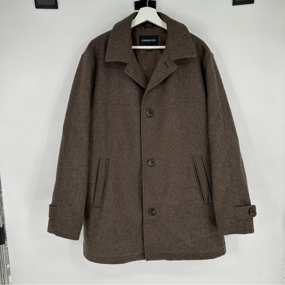London Fog Brown Wool Blend Pea Coat Large Mens - Picture 1 of 6